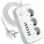 Multikontakt med USB, 3-uttagsstickkontakt med 5 USB-uttag och 1 USB-C för skrivbord med strömbrytare, 2 meter förlängningssladd, adapter