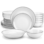 MALACASA Dinner Sets for 6 People, 24 Piece Gourmet Porcelain Plates and Bowls Set with Black Rim White Tableware with 6-Piece Round Dinner Plates/Dessert Plates/Soup Plates/Bowls, Series Amelia