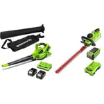 Greenworks G40HT61K2, Taille-Haie à Batterie, Lames Double Action 61 cm, Coupe jusqu'à 27 mm & 2x24V Aspirateur Souffleur sans Fil de Feuilles à Batterie Bandoulière