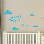 Personalised Name Stickers | Airplane in the Clouds Sticker - Wall Decoration for Child's Room | 2 Sheets of 35 x 25 cm and 40 x 25 cm - Sky Blue