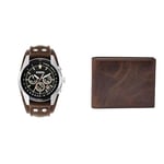 Fossil Montre pour Homme Coachman, Mouvement Chronographe à Quartz, avec Bracelet en Cuir Véritable, Ch2891 + Portefeuille pour Hommes, Portefeuille en Cuir Marron ML3681201