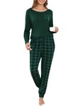 Vlazom Pyjama Femme Hiver Ensemble de Pyjama à Manches Longues Vêtements de Nuit à Carreaux avec Poches pour Noël，A-Vert，XL