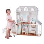 Teamson Kids Olivia's Little World Dreamland Farmhouse Wooden Doll House with Horse Stable, Porch, and 14-pc. Accessory Set for 12" Dolls, White/Grey