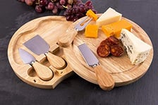 eBuyGB Cheeseboard & Knife Set with Groove and 4 Cheese Knives, Wooden 21cm Charcuterie Board, Cheese Board Serving Platter