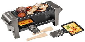 Bestron Appareil a raclette, Mini Grill pour 1 à 2 personnes, avec 2 poêlons et 2 spatules, avec revêtement antiadhésif, 350 Watts, couleur: Gris