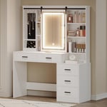 Hzuaneri Coiffeuse avec Lumières LED Réglables, Grand Miroir Amovible, avec Rangement pour Bijoux, Étagères Ouvertes, 5 Tiroirs, avec Table d'appoint, pour Chambre à Coucher, Blanc DT33103X