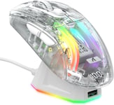 Souris Gamer sans Fil avec Station de Recharge, Silent Souris Bluetooth (Tri-Mode BT5.0/2.4G/Fillaire), RGB Souris Ergonomique 4000DPI, Coque Transparente, PC/Mac/Tablette, Blanc