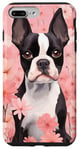 Coque pour iPhone 7 Plus/8 Plus Boston Terrier et fleurs de cerisier roses en rose