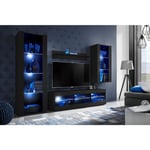 Ensemble de Meubles Tivoli Medio, Noir/Noir, Largeur 245cm x Hauteur 159cm x Profondeur 35cm, led Blu, 3 étagères, pour Salon, Chambre, Entrée