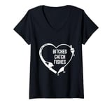 Womens Bitches Catch Fishes Fishing Heart Angler Fish Fisherman V-Neck T-Shirt