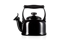 Le Creuset Traditional Stove-Top Kettle with Whistle, Suitable for All Hob Types Including Induction, Enamelled Steel, Capacity: 2.1 L, Black Onyx, 92000800140000