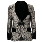 DOLCE & GABBANA Baroque Jacquard Velvet Tuxedo Jacket Blazer Silver Black