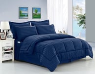 Elegant Comfort Infroissable : Rayures Douces et soyeuses Bed-in-a-Bag Parure de lit 8 pièces, Microfibre, Bleu Marine, King