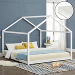 Lit cabane pour enfant Cerro avec sommier à lattes matelas 200 x 180 cm pin blanc mat laqué [en.casa]