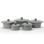 Royalford 5Pcs Die-Cast Aluminium Stockpot Set with Glass Lids - Induction Safe Non-Stick Casserole Set - Granite Coating Cookware Pots - Large Cooking Stockpot - Suitable for Most Types of Hobs