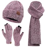 Femme Hiver Chaud Tricoter Bonnet Chapeau Gants Tactiles Longue Echarpe Ensemble avec Doublure Polaire Casquette Crâne, Vin Rouge