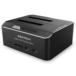 RSHTECH Aluminium Stations d'accueil USB 3.0 Double Baie, Dock Disque pour Disque Dur 2,5"/3,5" SATA HDD SSD, Fonction Clonage Hors Ligne Prend en Charge UASP et 2 x 16 TB, 6 Gbit/s, SD/TF, RSH-DS02