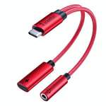 SOOMFON USB C to 3.5mm Jack Headphones and Charger Adapter, 2 in 1 USB Type C to Aux Adapter with PD 60W Fast Charging Cable, for for iPad Pro 2020, Galaxy S20+, Pixel 4 XL and More(Red)