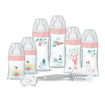 Dodie Kit Naissance - 6 Biberons Anti-Colique Tétines Plates (2x150 mL, 2x270 mL, 2x330 mL), 1 Sucette Anatomique 0-2 Mois, 1 Goupillon - Sans BPA - Rose