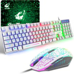 Ensemble Clavier Souris Gaming, QWERTY Disposition Italienne Clavier Rétroéclairé Coloré LED Filaire Souris 6 Boutons 2400DPI Tapis de Souris, Compatible avec Windows, Mac OS, PS4, Xbox Blanc