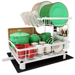 Boosiny 2 Tier Dish Drainer, Dish Drainer Rack for Kitchen Counter, Stainless Steel Dish Rack with Swivel Drainage Spout, Utensil Holder, Cup Holder, Cutting-Board Holder and Drying Mat