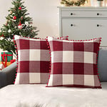 ORANIFUL Buffalo Check Cushion Covers 60cm x 60cm set of 2 Linen Decorative Square Pom Poms Tartan Throw Pillow Case for Sofa Couch Bed Home Decor Car 24x24 Inches (Red & White)