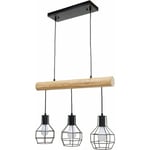 Lampe suspension lustre style industriel vintage bois massif métal noir 3 abat-jour en treillis 040003603