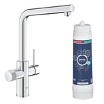 GROHE Blue Pure Minta Kitchen Sink 3 Ways Mixer Tap with Under Sink Water Filter Magnesium & Zinc Filter Starter Set (High L-Spout 150° Swivel, Tails 3/8 Inch, Capacity 400 L, Easy to fit), Chrome