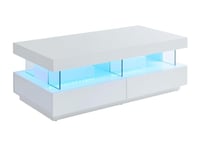 Vente-unique - Table Basse 2 tiroirs et 2 niches avec LEDs - MDF et Verre trempé - Blanc laqué - Fabio II