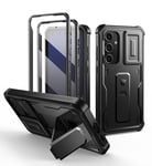 Dexnor Coque Compatible avec Samsung Galaxy S24 FE【Double Cadre Avant et Support】 avec CaméRa Coulissante Intégrée & Protecteur d'écran, Coque de Protection Robuste Résistante Aux Chocs - Noir