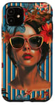 Coque pour iPhone 11 Marron Pop Art Rayé Île Fleur Fille Bleu Motif --ar