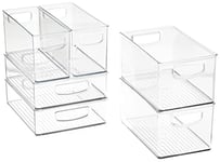 iDesign Lot de 6 petits bacs de rangement empilables en plastique recyclé avec poignées intégrées pour l'organisation de la cuisine, du réfrigérateur, du congélateur, Différentes tailles, Transparent