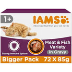 IAMS Delights Complete Wet Cat Food for Adult 1+ Cats Meat and Fish Variety in Gravy Multipack 72 x 85 g Pouches