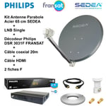 Kit Antenne Parabole Acier 65 cm 36,5 dB Anthracite sedea + lnb Single Full hd 4K Ultra hd + Décodeur Strong srt 7407 fransat + Câble coaxial 20m +