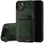 SURAZO Étui de Protection arrière en Cuir véritable pour Apple iPhone 15 Plus - Étui de Protection en Cuir résistant aux Chocs avec [Compartiment pour Cartes, Support, Porte-clés] Floral Slim Bumper