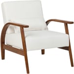 Fauteuil Classique Rétro en Similicuir avec Accoudoirs Coussins Pieds en Bois d'Hévéa Blanc Cassé Skara