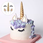 Enhörnings tårtdekoration, handgjord guld enhörning tårta dekoration återanvändbar enhörning horn, öron och ögonfransar