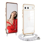 Jeelar ESONG Coque pour Google Pixel 8 Pro avec Cordon de Collier,Antichoc en Silicone TPU Protection Etui avec Motif Coeur d'amour Mignon,Réglable Portable Lanyard Case,Housse pour Femme-Blanc