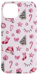 iPhone 15 Plus Pink Christmas Pattern Santa Hat Candy Cane Coquette Bows Case