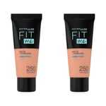 Maybelline New-York - Fond de Teint Fluide Fit Me Matte & Poreless - Peaux normales à grasses - Teinte : 250 Beige Ensoleillé - 30 ml (Lot de 2)