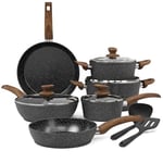 Kitchen Academy Induction Hob Pots and Pans Set - 12 Piece Cooking Pans Set, Black Granite Kitchen Cookware Set,Nonstick Saucepan Set PFOS & PFOA Free