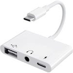 1 st USB-C till USB-adapter, 3-i-1 USB-C till USB-A OTG-adapter med 3,5 mm hörlursuttag och snabbladdningsport, U