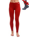 Merino.tech Laine Merinos Pantalon Femme - Respirante Merino sous Vetement Merinos Femme, 100% Mérinos Legging Laine Femme Mi-Lourd + Chaussettes en Laine mérinos (Small, 250 Cherry Red)