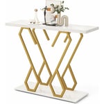 Table Console, Meuble d'Entrée en Faux Marbre avec Étagère, Design Géométrique Moderne, Cadre en Métal Doré, Kit Anti-Basculement Inclus, pour