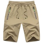 JustSun Short Homme Coton Sport Running Jogging Homme Ete Extensible Fitness avec Poches Zippées Kaki S