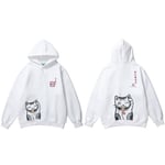 (A10W207 White-M）Hoodie Lucky Cat Miesten Harajuku Huppari Sweatshirt Fortune Cat Syksy Talvi Fleece Pullover Puuvilla