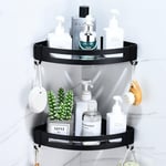 Shining House - Etagere Salle de Bain Sans Percage, Étagère Murale Noire Douche Panier Rangement Angle Avec 4 Crochets Tablette D'angle Metal pour