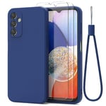 THIYUFUNS Silicone Liquide Coque pour Samsung Galaxy A14 4G / 5G avec Verre trempé,Intérieur Microfibre Etui de Protection Contre Les Chutes Antichoc Full Body Protecteur Housse - Bleu