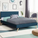 Idmarket - Lit double scandinave oslo avec tête de lit et sommier 160 x 200 cm tissu bleu canard