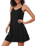 Weardear Nightgown for Women Short Ruffle Dress Elegant Nightdress Knee Length Sleepshirt Casual Dress Black Small